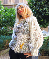 Designer Hand Knitted Organic Wool Sweater with Puffy Bell sleeves