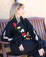 Black Wool Embroidered Unique Designer Bohemian Asymmetrical sweater