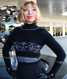 Black Short Handknitted Designer Sweater with Silver Floral Pattern