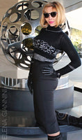 Black Short Handknitted Designer Sweater with Silver Floral Pattern