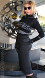 Black Short Handknitted Designer Sweater with Silver Floral Pattern