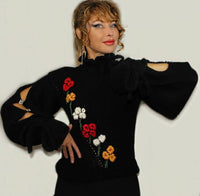 Black Wool Embroidered Unique Designer Bohemian Asymmetrical sweater