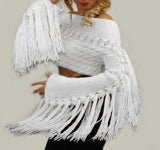 Off shoulder White Wool HandKnitted Designer Bohemian sweater with Fringe