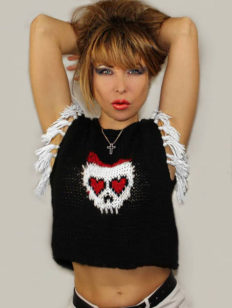 Black Wool Skull Cropped Top with Fringe, Vintage sweater vest