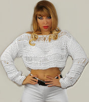 White Loose knit Cropped Open Weave Wool Transparent Sweater