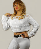 White Loose knit Cropped Open Weave Wool Transparent Sweater