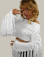 Off shoulder White Wool HandKnitted Designer Bohemian sweater with Fringe