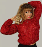 Red Mohair Loose knit Glitter sweater with cables