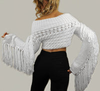 Off shoulder White Wool HandKnitted Designer Bohemian sweater with Fringe