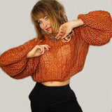 Orange Mohair Cropped Short Bohemian sweater with Puffy sleeves