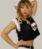 Black Wool Skull Cropped Top with Fringe, Vintage sweater vest