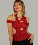 Red Mohair Lurex Hand Knit v neck top, Bohemian Sexy top with opened back