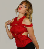 Red Mohair Lurex Hand Knit v neck top, Bohemian Sexy top with opened back