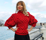 Red Alpaca Wool Sweater with cables and arans