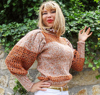 Orange Mohair cropped short sweater with Puffy sleeves and Ruffles on collar